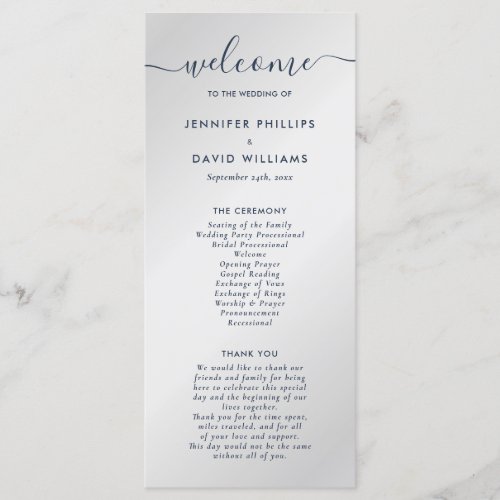 Elegant Modern Navy Blue and Silver Wedding Program