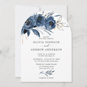 Elegant Modern Navy Blue Arch Floral Wedding Invitation