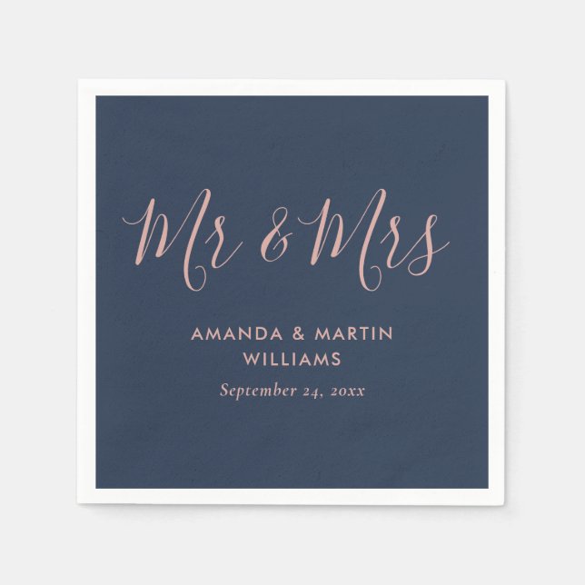 Elegant Modern Navy Blue Blush Mr and Mrs Wedding Napkins (Front)