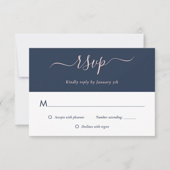 Elegant Modern Navy Blue Blush Wedding RSVP Cards (Front)