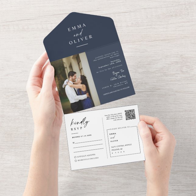 Elegant Modern Navy Blue Boho QR Code Photo RSVP All In One Invitation (Tearaway)