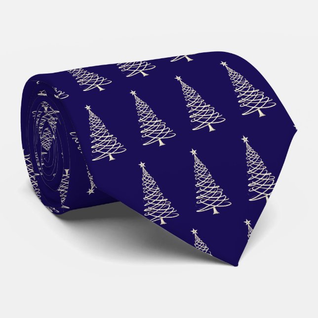 Elegant Modern Navy Blue Christmas Trees Patterned Neck Tie (Rolled)