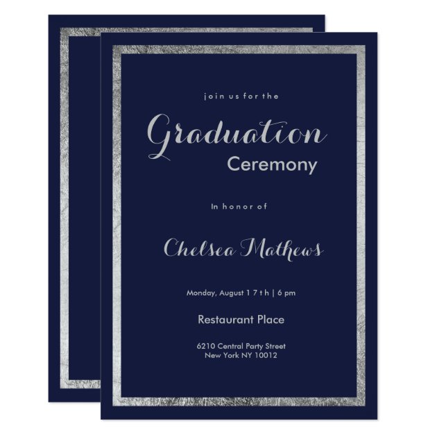 Elegant Modern Navy Blue Faux Silver Graduation Invitation