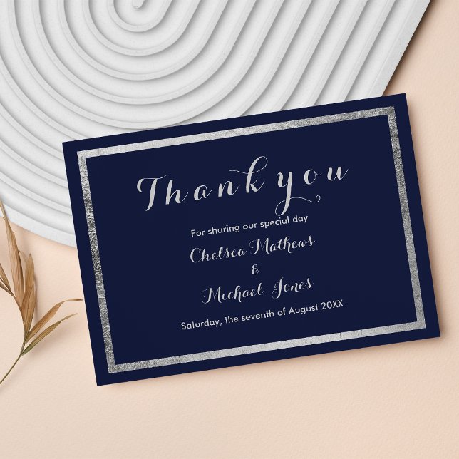 Elegant modern navy blue faux silver Thank you Card (Elegant modern navy blue faux silver Thank you)
