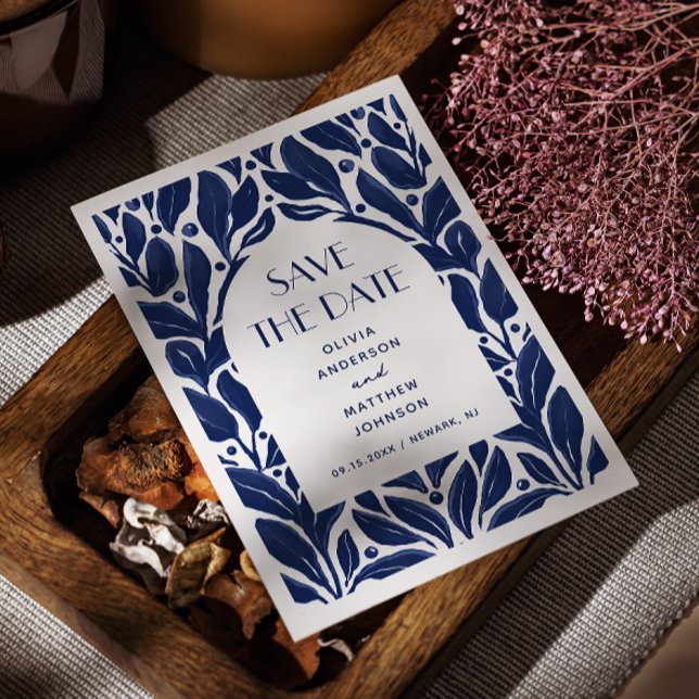 Elegant modern navy blue floral arch pattern save the date (Creator Uploaded)