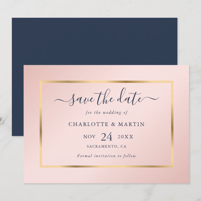 Elegant Modern Navy Blue Gold Blush Wedding Save The Date (Front/Back)