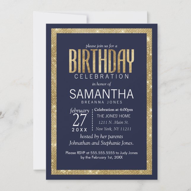 Elegant Modern Navy Blue Gold Sequin Birthday Invitation (Front)