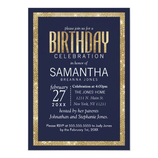 Elegant Modern Navy Blue Gold Sequin Birthday Invitation | Zazzle.com