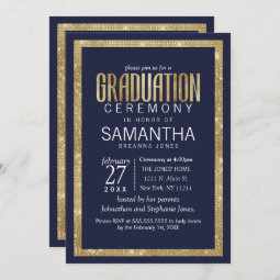 Elegant Modern Navy Blue Gold Sequin Graduation Invitation | Zazzle