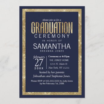 Elegant Modern Navy Blue Gold Sequin Graduation Invitation by I_Invite_You at Zazzle