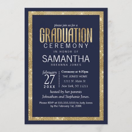 Elegant Modern Navy Blue Gold Sequin Graduation Invitation