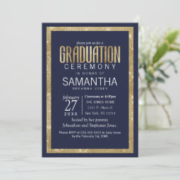 Elegant Modern Navy Blue Gold Sequin Graduation Invitation | Zazzle