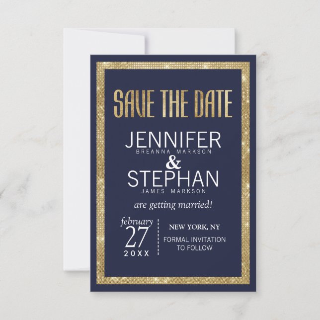 Elegant Modern Navy Blue Gold Sequin Save the Date (Front)
