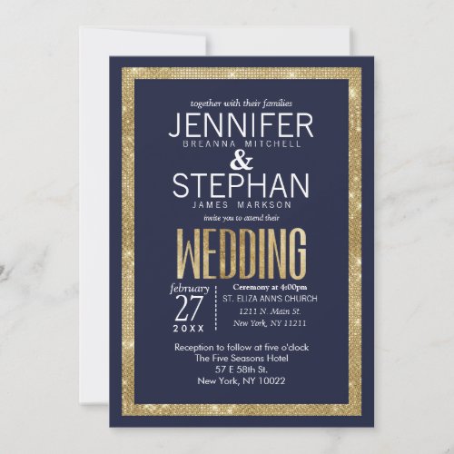 Elegant Modern Navy Blue Gold Sequin Wedding Invitation