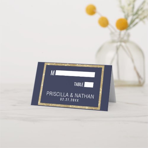Elegant Modern Navy Blue Gold Sequin Wedding Place Card