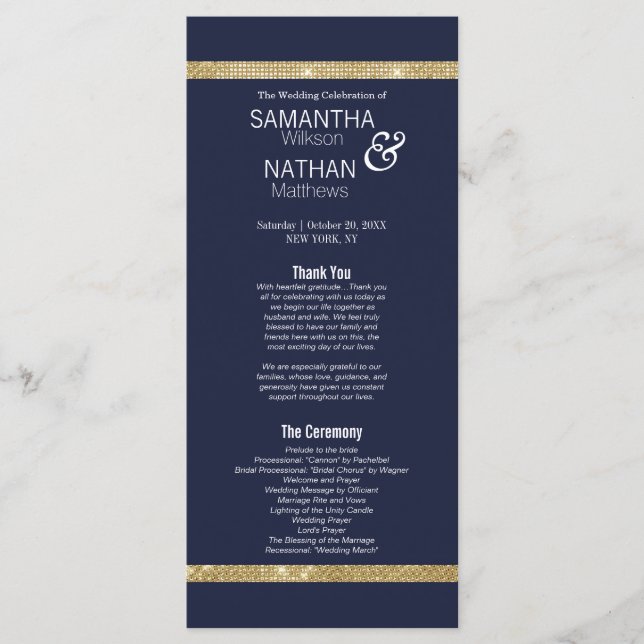 Elegant Modern Navy Blue Gold Wedding Program (Front)