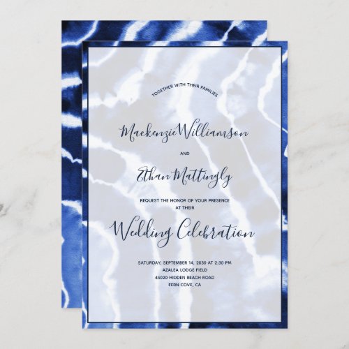 Elegant Modern Navy Blue Marble Tie Dye Wedding Invitation