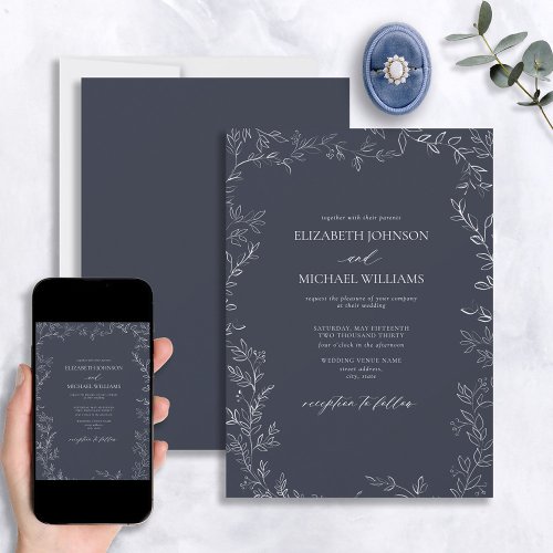 Elegant Modern Navy Blue Minimal Leaf Wedding Invitation