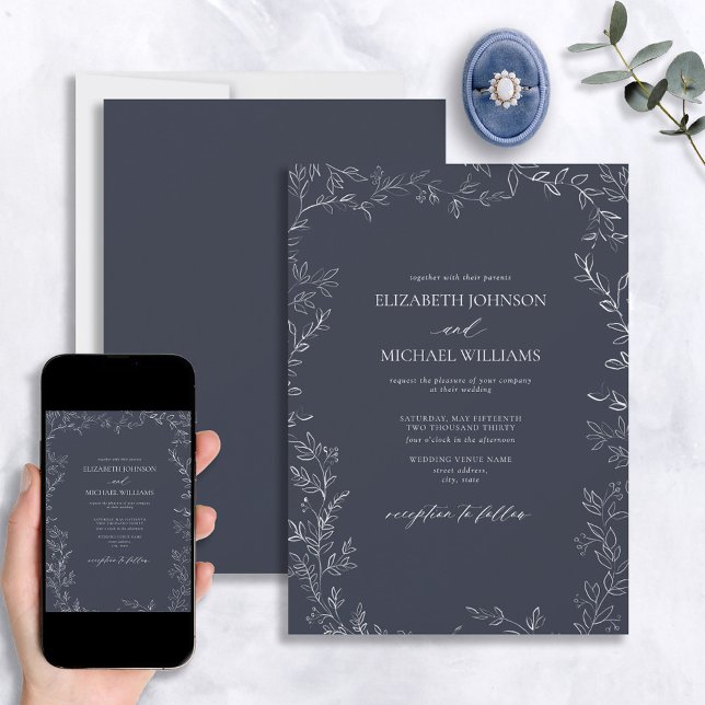 Elegant Modern Navy Blue Minimal Leaf Wedding Invitation (Creator Uploaded)