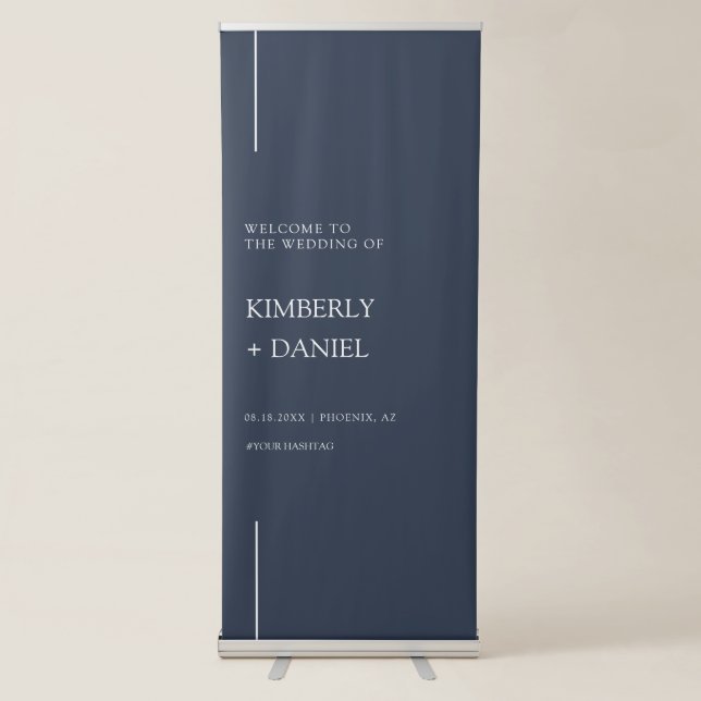Elegant Modern Navy Blue Minimal Wedding Welcome Retractable Banner (Front)