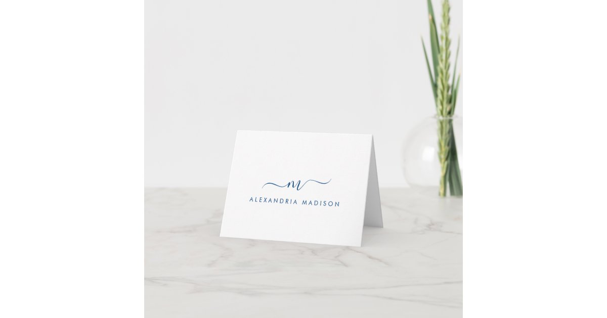 Elegant Modern Navy Blue Monogram Script Swash Note Card | Zazzle