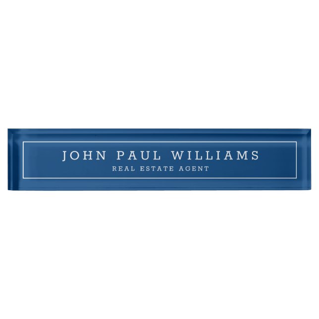 Elegant Modern Navy Blue Professional Name Border Desk Name Plate (Front)
