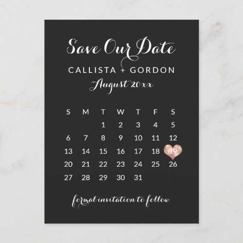 Elegant Modern Navy Blue Rose Gold Heart Calendar Announcement Postcard