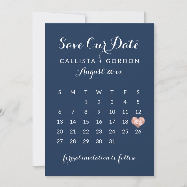 Elegant Modern Navy Blue Rose Gold Heart Calendar Save The Date (Front)