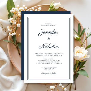 Elegant Modern Navy Blue Script Wedding Invitation