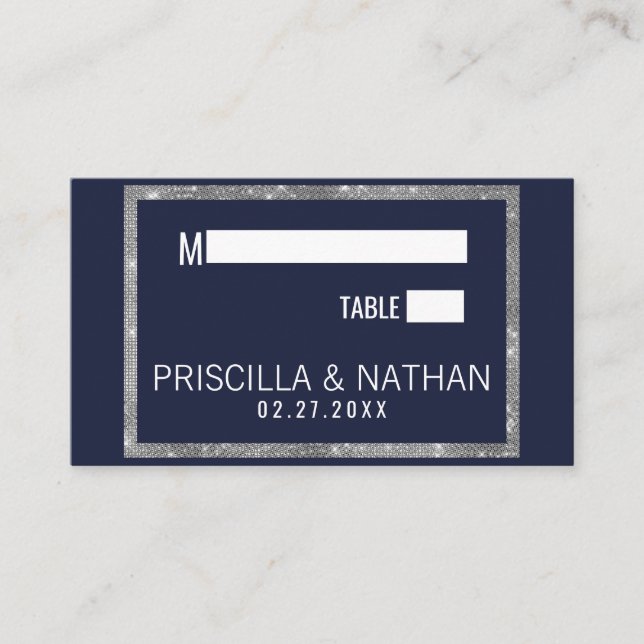 Elegant Modern Navy Blue Silver Sequin Wedding Place Card (Front)