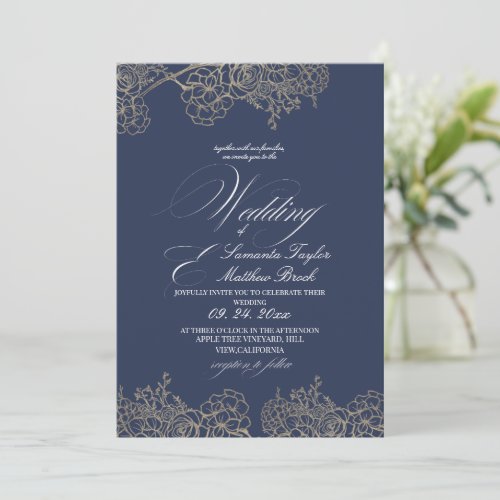 Elegant Modern Navy Blue Wedding Invitation