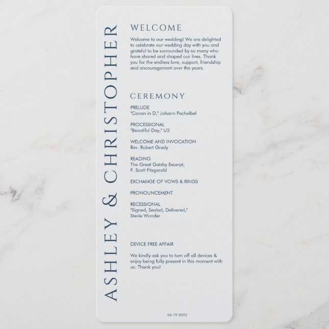 Elegant Modern Navy Blue Wedding Program (Front)