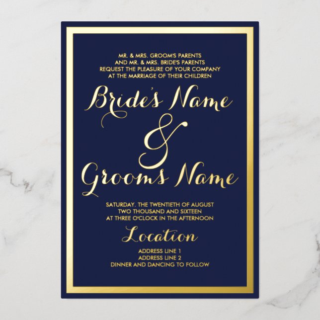 Elegant modern navy blue Wedding real gold Foil Invitation (Front)