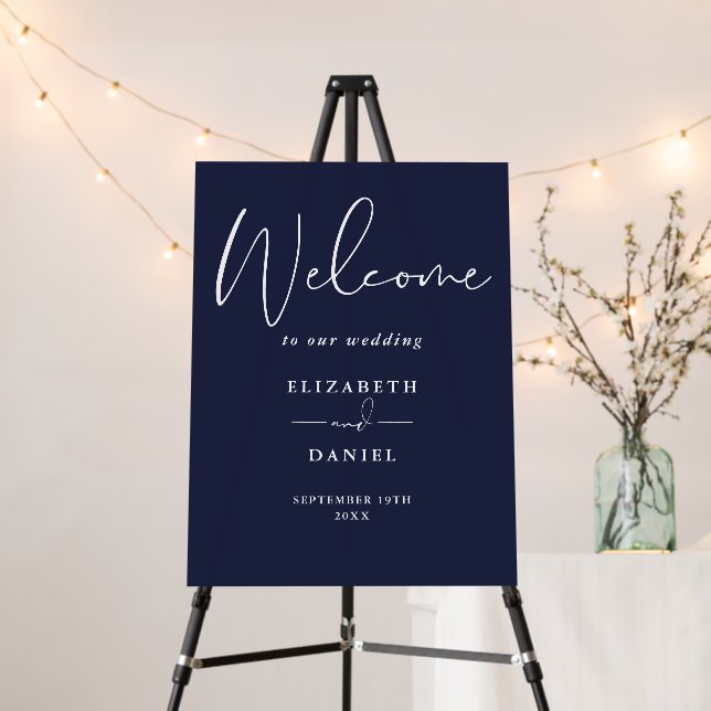 Elegant Modern Navy Blue Wedding Welcome Sign (In Situ (Stand))