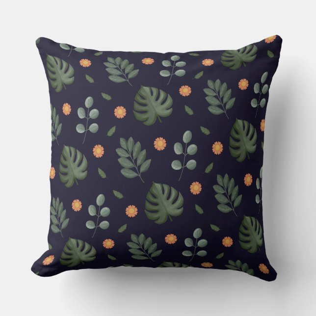 Elegant Modern Navy Botanical Leaf Floral Throw Pillow (Front)