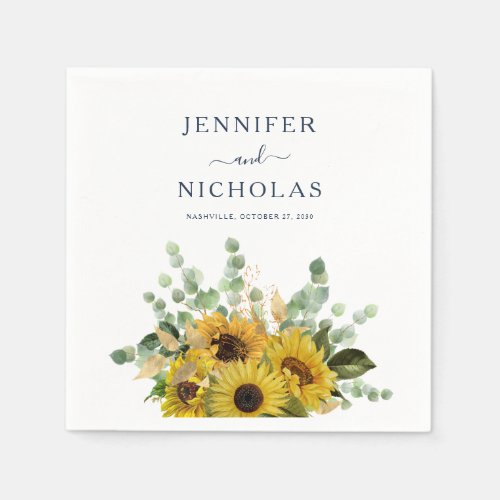Elegant Modern Navy Floral Sunflower Wedding Napkins