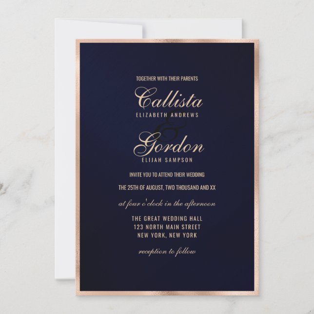Elegant Modern Navy Gold Metallic Border Wedding Invitation (Front)