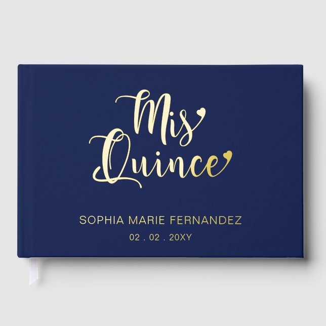 Elegant Modern Navy Gold Photo Quinceañera Foil Guest Book (Front)