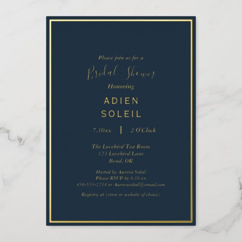 Elegant Modern Navy Gold Wedding Bridal Shower Foil Invitation