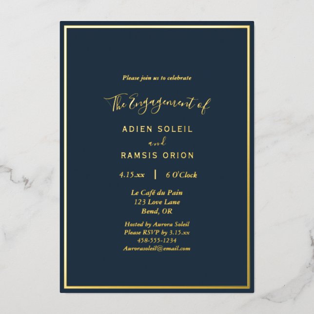 Elegant Modern Navy Gold Wedding Engagement Party Foil Invitation (Front)
