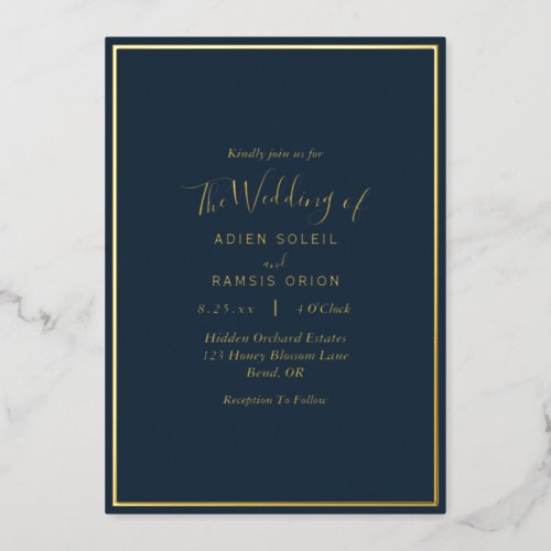 Elegant Modern Navy Gold Wedding Foil Invitation
