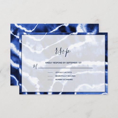 Elegant Modern Navy Marble Batik Wedding RSVP Card