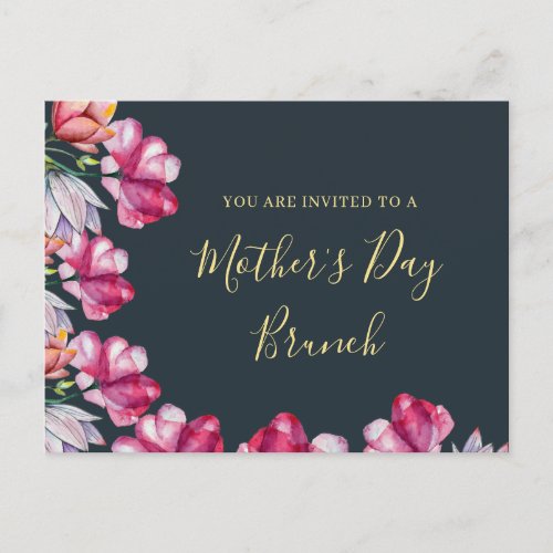 Elegant Modern Navy Pink Floral Mothers Day Brunch Invitation Postcard