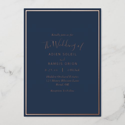 Elegant Modern Navy Rose Gold Wedding Foil Invitation