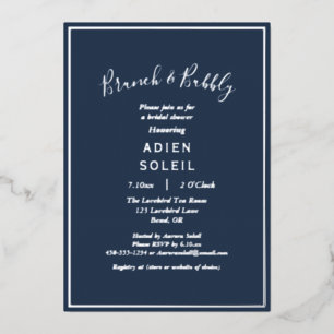 Elegant Modern Navy Silver Brunch and Bubbly Foil Invitation