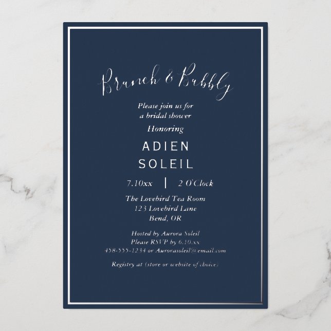 Elegant Modern Navy Silver Brunch and Bubbly Foil Invitation (Front)