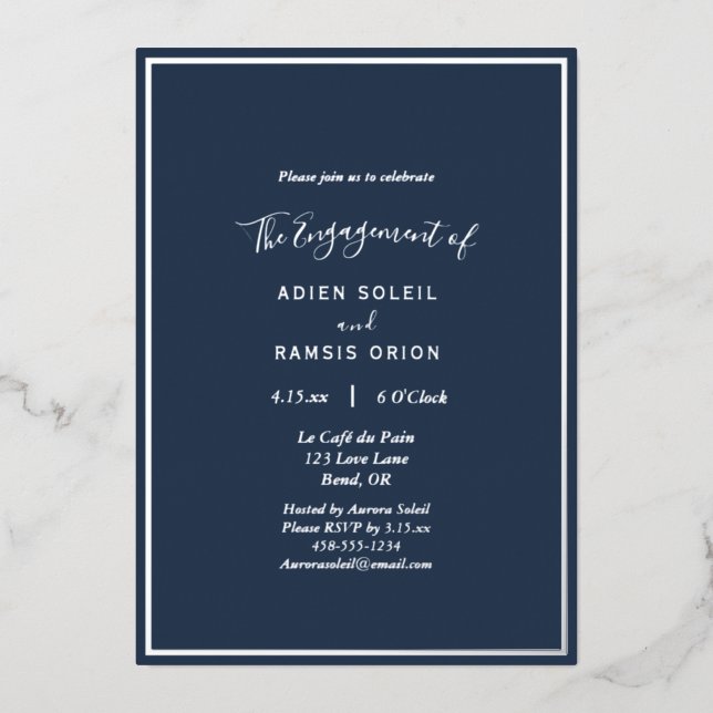 Elegant Modern Navy Silver Engagement Party Foil Invitation (Front)