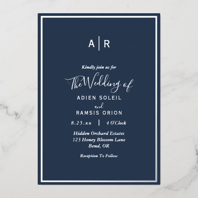 Elegant Modern Navy Silver Monogram Wedding Foil Invitation (Front)