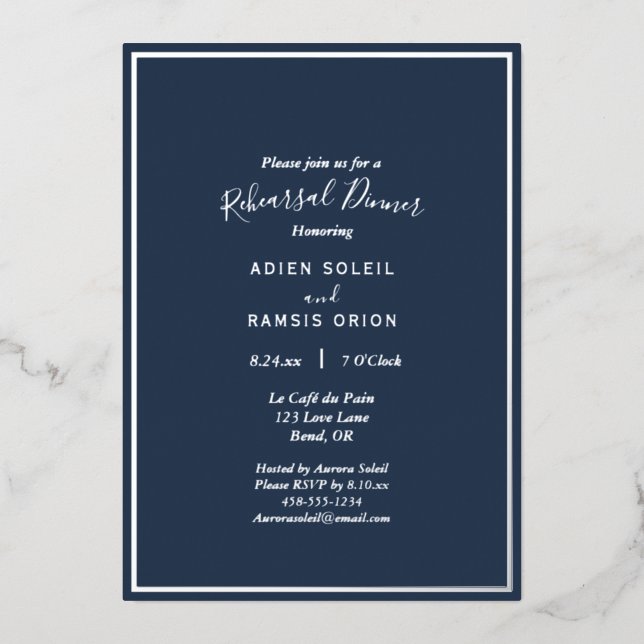 Elegant Modern Navy Silver Rehearsal Dinner Foil Invitation (Front)