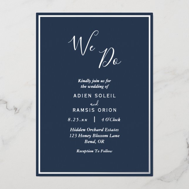 Elegant Modern Navy Silver We Do Wedding Foil Invitation (Front)